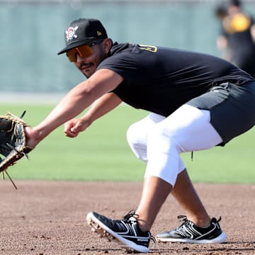 Feb 14, 2025; Bradenton, FL, USA;  Pittsburgh Pirates infielder Darick Hall (45) during spring training workouts at Pirate City. Mandatory Credit: Kim Klement Neitzel-Imagn Images
