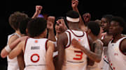 Apr 1, 2025; Brooklyn, NY, USA; McDonald's All American West players huddle during the first half of the game at Barclays Center. Mandatory Credit: Pamela Smith-Imagn Images