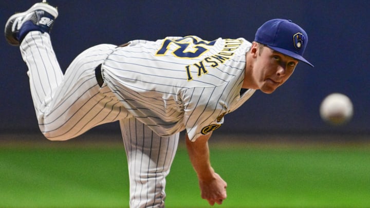 Sep 13, 2025; Milwaukee, Wisconsin, USA;  Milwaukee Brewers starting pitcher Jacob Misiorowski (32) throws against the St. Louis Cardinals in the first inning at American Family Field. Mandatory Credit: Benny Sieu-Imagn Images