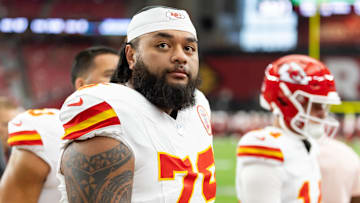Aug 9, 2025; Glendale, Arizona, USA; Kansas City Chiefs offensive tackle Esa Pole (79) against the Arizona Cardinals during a preseason NFL game at State Farm Stadium. Mandatory Credit: Mark J. Rebilas-Imagn Images