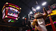 Feb 23, 2022; Minneapolis, Minnesota, USA; Minnesota Gophers mascot Goldy Gopher reacts prior to the game against the Wisconsin Badgers at Williams Arena. Mandatory Credit: Harrison Barden-Imagn Images