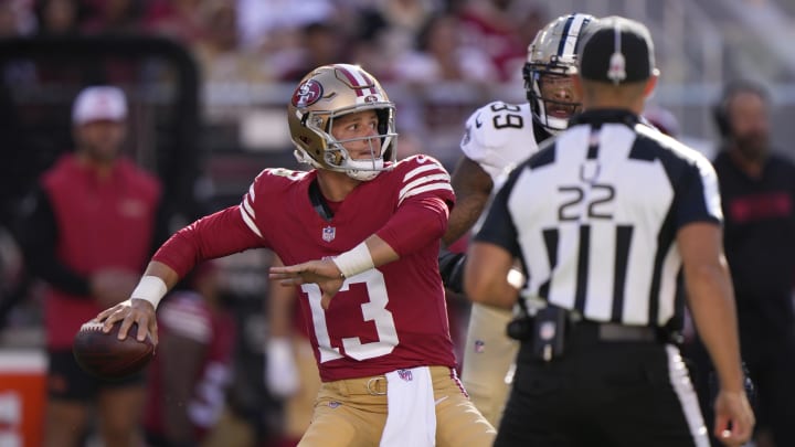 August 18, 2024; Santa Clara, California, USA; San Francisco 49ers quarterback Brock Purdy (13) passes the football against the New Orleans Saints during the first quarter at Levi's Stadium. Mandatory Credit: Kyle Terada-USA TODAY Sports