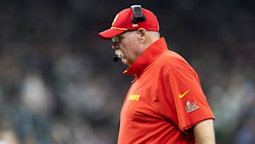 Feb 9, 2025; New Orleans, LA, USA;  Kansas City Chiefs head coach Andy Reid against the Philadelphia Eagles in Super Bowl LIX at Ceasars Superdome. Mandatory Credit: Mark J. Rebilas-Imagn Images