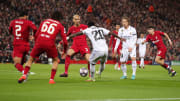 Vinicius Junior prepares to shoot for Real Madrid against Liverpool in February 2023