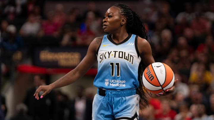 Chicago Sky guard Dana Evans (11) dribbles the ball on Sunday June 16, 2024, during the game at Gainbridge Fieldhouse in Indianapolis.