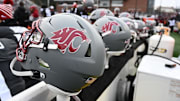 Nov 12, 2022; Pullman, Washington, USA; Washington State Cougars helmet sits during a game against the Arizona State Sun Devils in the first half at Gesa Field at Martin Stadium. Mandatory Credit: James Snook-USA TODAY Sports
