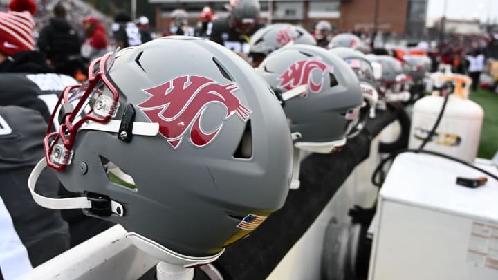 Nov 12, 2022; Pullman, Washington, USA; Washington State Cougars helmet sits during a game against the Arizona State Sun Devils in the first half at Gesa Field at Martin Stadium. Mandatory Credit: James Snook-USA TODAY Sports