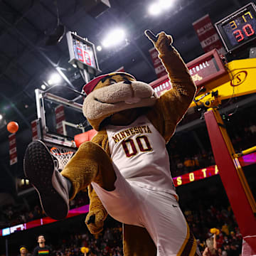 Feb 23, 2022; Minneapolis, Minnesota, USA; Minnesota Gophers mascot Goldy Gopher reacts prior to the game against the Wisconsin Badgers at Williams Arena. Mandatory Credit: Harrison Barden-Imagn Images