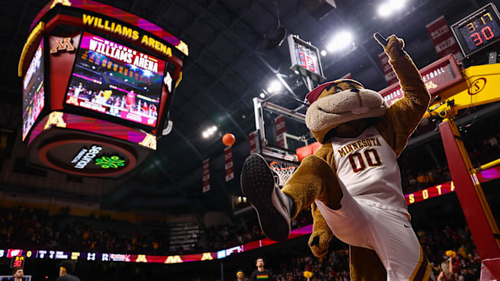 Feb 23, 2022; Minneapolis, Minnesota, USA; Minnesota Gophers mascot Goldy Gopher reacts prior to the game against the Wisconsin Badgers at Williams Arena. Mandatory Credit: Harrison Barden-Imagn Images