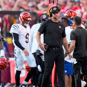 Cincinnati Bengals head coach Zac Taylor frowns after Joe Burrow is sacked on third down in the fourth quarter of the NFL Week 2 game between the Kansas City Chiefs and the Cincinnati Bengals at Arrowhead Stadium in Kansas City on Sunday, Sept. 15, 2024. The Chiefs took a 26-25 win with a go-ahead field goal as time expired.