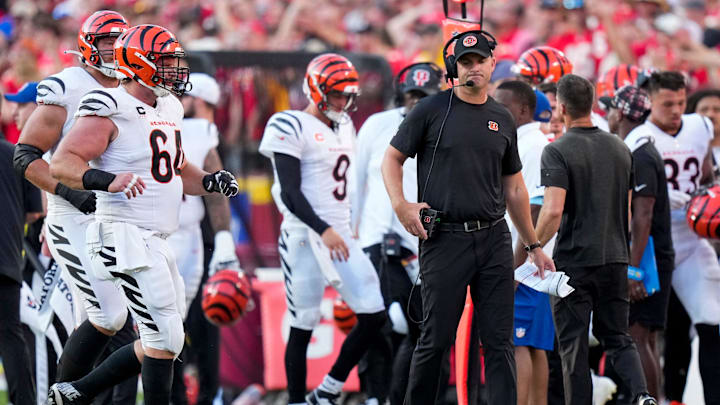 Cincinnati Bengals head coach Zac Taylor frowns after Joe Burrow is sacked on third down in the fourth quarter of the NFL Week 2 game between the Kansas City Chiefs and the Cincinnati Bengals at Arrowhead Stadium in Kansas City on Sunday, Sept. 15, 2024. The Chiefs took a 26-25 win with a go-ahead field goal as time expired.