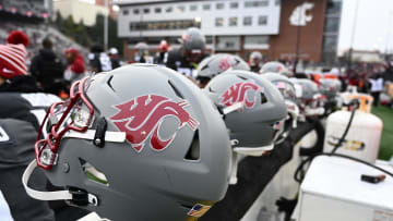 Nov 12, 2022; Pullman, Washington, USA; Washington State Cougars helmet sits during a game against the Arizona State Sun Devils in the first half at Gesa Field at Martin Stadium. Mandatory Credit: James Snook-USA TODAY Sports