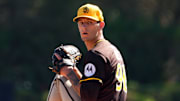 Feb 23, 2025; Phoenix, Arizona, USA; San Diego Padres pitcher Braden Nett (96) pitches against the Los Angeles Dodgers during the first inning at Camelback Ranch-Glendale. Mandatory Credit: Joe Camporeale-Imagn Images