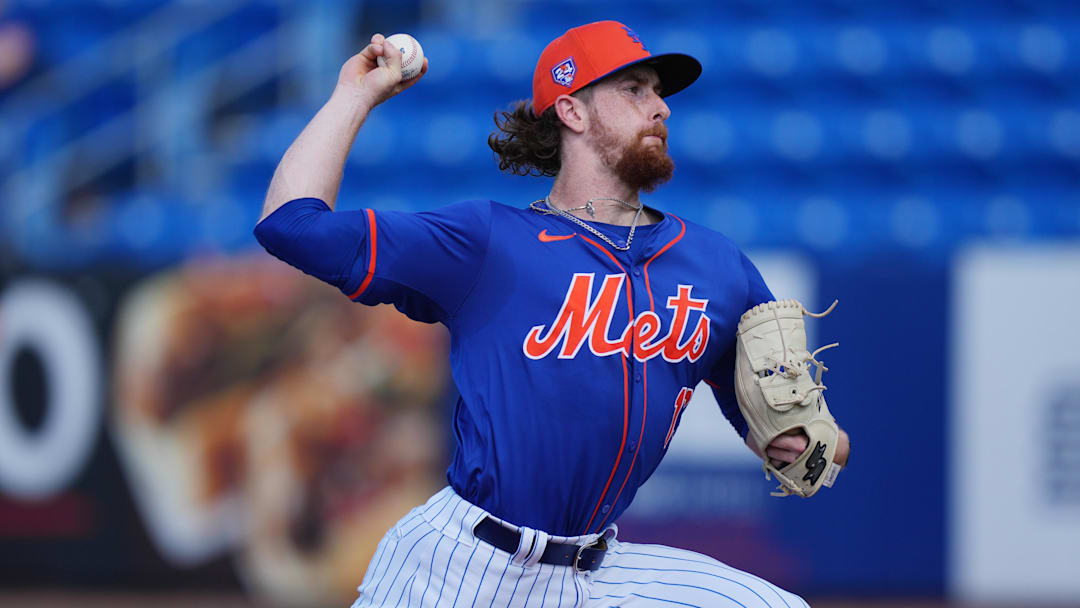 Mar 15, 2024; Port St. Lucie, Florida, USA; New York Mets pitcher Nolan McLean participates in the Spring Breakout game in the fourth inning against the Washington Nationals at Clover Park. Mandatory Credit: Jim Rassol-Imagn Images