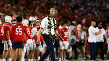 Sep 7, 2024; Tucson, Arizona, USA; Arizona Wildcats head coach Brent Brennan looks at score board against the Northern Arizona Lumberjacks during first quarter at Arizona Stadium. Mandatory Credit: Aryanna Frank-Imagn Images
