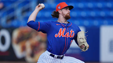 Mar 15, 2024; Port St. Lucie, Florida, USA; New York Mets pitcher Nolan McLean participates in the Spring Breakout game in the fourth inning against the Washington Nationals at Clover Park. Mandatory Credit: Jim Rassol-Imagn Images