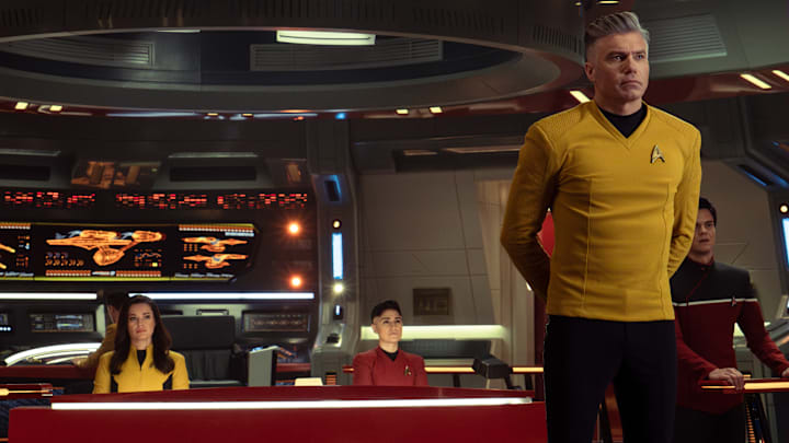 Rebecca Romijn as Una, Melissa Navia as Ortegas, Anson Mount as Capt. Pike and Jack Quaid as Boimler in Star Trek: Strange New Worlds, streaming on Paramount+, 2023. Photo Cr: Michael Gibson/Paramount+