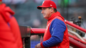 Apr 8, 2025; Atlanta, Georgia, USA; Philadelphia Phillies manager Rob Thomson (59) in the dugout against the Atlanta Braves in the second inning at Truist Park. Mandatory Credit: Brett Davis-Imagn Images