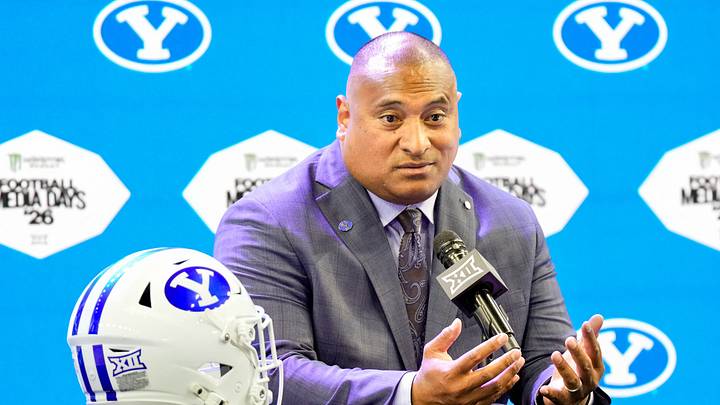 Jul 7, 2026; Frisco, TX, USA;  BYU head coach Kalani Sitake speaks with reporters during Big 12 Conference Football Media Days at The Star. Mandatory Credit: Raymond Carlin III-Imagn Images