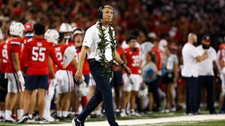 Sep 7, 2024; Tucson, Arizona, USA; Arizona Wildcats head coach Brent Brennan looks at score board against the Northern Arizona Lumberjacks during first quarter at Arizona Stadium. Mandatory Credit: Aryanna Frank-Imagn Images