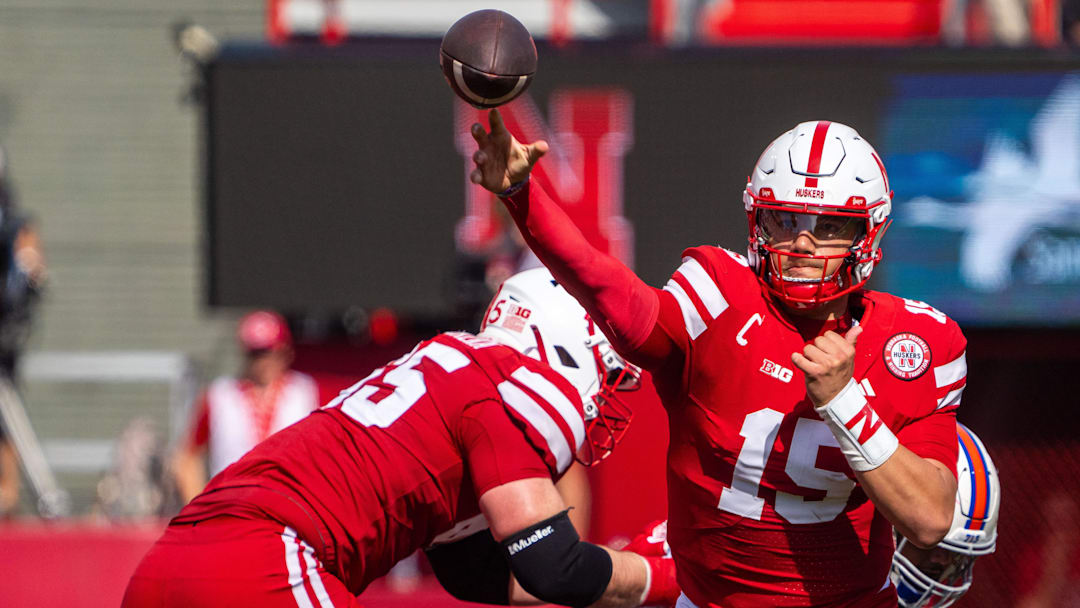 Sep 13, 2025; Lincoln, Nebraska, USA; Nebraska Cornhuskers quarterback Dylan Raiola (15) passes against the Houston Christian Huskies during the first quarter at Memorial Stadium. Mandatory Credit: Dylan Widger-Imagn Images