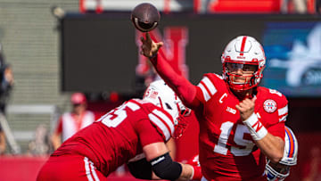 Sep 13, 2025; Lincoln, Nebraska, USA; Nebraska Cornhuskers quarterback Dylan Raiola (15) passes against the Houston Christian Huskies during the first quarter at Memorial Stadium. Mandatory Credit: Dylan Widger-Imagn Images