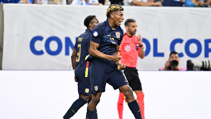 Jul 4, 2024; Houston, TX, USA; Ecuador’s midfielder Kevin Rodriguez (11) celebrates after scoring a goal.