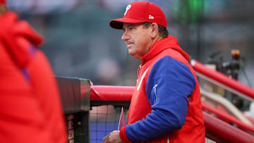 Philadelphia Phillies manager Rob Thomson (59) in the dugout against the Atlanta Braves in the second inning at Truist Park.
