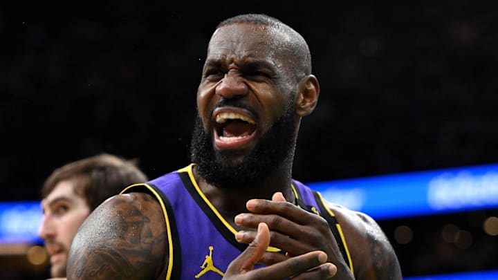 Los Angeles Lakers forward LeBron James reacts to a play.