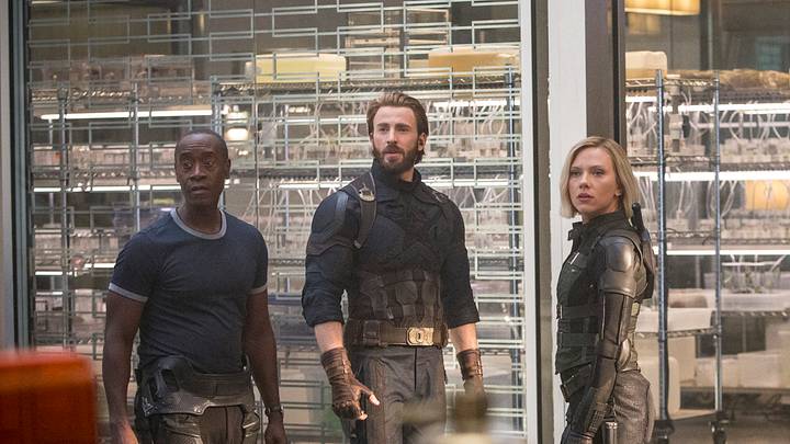 Marvel Studios' AVENGERS: INFINITY WARL to R: War Machine/James Rhodes (Don Cheadle), Captain America/Steve Rogers (Chris Evans) and Black Widow (Scarlett Johansson)