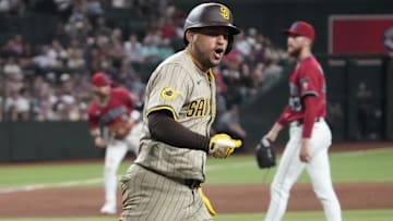 Aug 6, 2025; Phoenix, Arizona, USA; San Diego Padres second base Jose Iglesias (7) celebrates an RBI single against the Arizona Diamondbacks during the ninth inning at Chase Field. Mandatory Credit: Joe Camporeale-Imagn Images