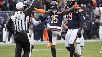 Nov 9, 2025; Chicago, Illinois, USA; Chicago Bears safety C.J. Gardner-Johnson (35) celebrates with defensive tackle Gervon Dexter Sr. (99) after a sack during the second half against the New York Giants at Soldier Field. Mandatory Credit: David Banks-Imagn Images