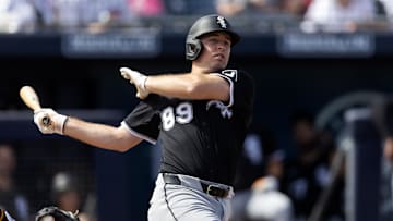 Mar 11, 2025; Peoria, Arizona, USA; Chicago White Sox catcher Kyle Teel against the San Diego Padres during a spring training game at Peoria Sports Complex. Mandatory Credit: Mark J. Rebilas-Imagn Images