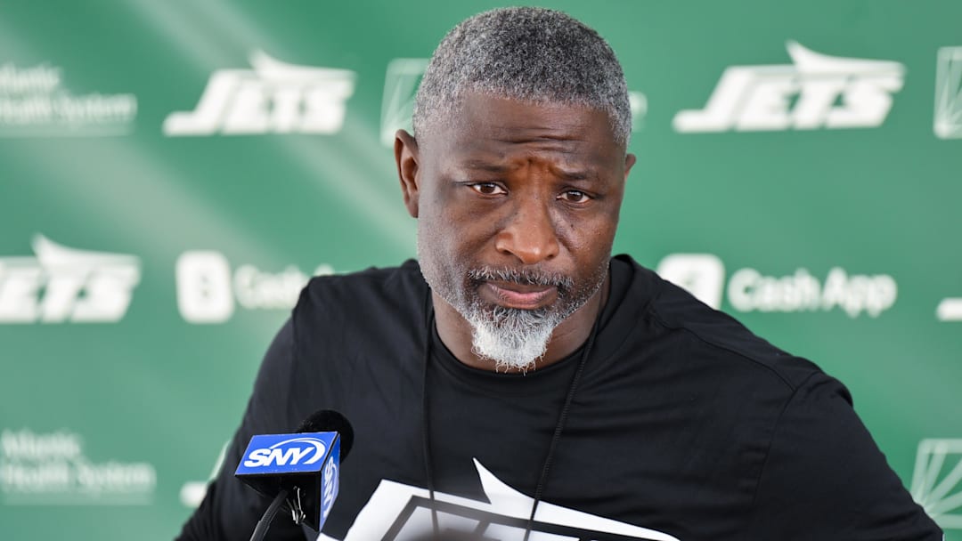Jul 24, 2025; Florham Park, NY, USA; New York Jets head coach Aaron Glenn speaks to the media during training camp at Atlantic Health Jets Training Center. Mandatory Credit: John Jones-Imagn Images
