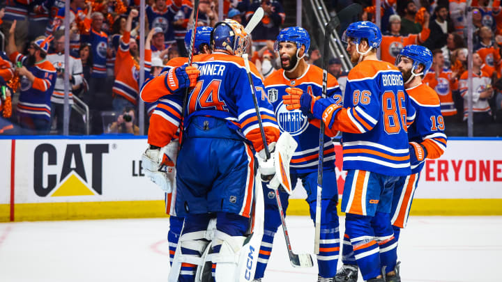 Jun 21, 2024; Edmonton, Alberta, CAN; Edmonton Oilers defenseman Darnell Nurse (25) celebrates his goal with teammates against the Florida Panthers during the third period in game six of the 2024 Stanley Cup Final at Rogers Place. Mandatory Credit: Sergei Belski-USA TODAY Sports