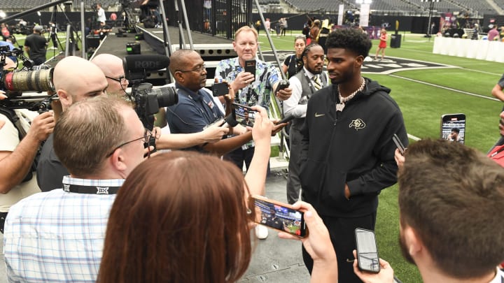 Jul 10, 2024; Las Vegas, NV, USA; Colorado Buffaloes quarterback Shedeur Sanders speaks to the media during the Big 12 Media Days at Allegiant Stadium. Mandatory Credit: Candice Ward-USA TODAY Sports