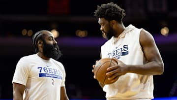 Mar 20, 2023; Philadelphia, Pennsylvania, USA; Philadelphia 76ers guard James Harden (L) and 
center Joel Embiid (R) before action against the Chicago Bulls at Wells Fargo Center. Mandatory Credit: Bill Streicher-Imagn Images