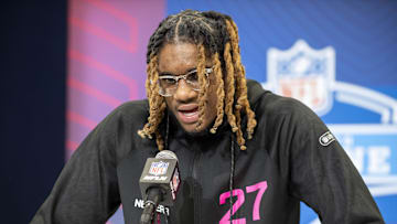 Feb 27, 2025; Indianapolis, IN, USA; East Carolina defensive back Shavon Revel (DB27) during the 2025 NFL Combine at Lucas Oil Stadium. Mandatory Credit: Tanner Pearson-Imagn Images