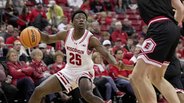 Wisconsin guard John Blackwell (25) lines up a shot during the second half of their game Monday, November 17, 2025 at the Kohl Center in Madison, Wisconsin. Wisconsin beat Southern Illinois-Edwardsvillen 94-69.