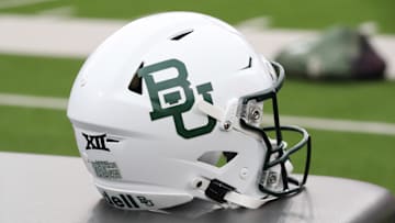 Oct 19, 2024; Lubbock, Texas, USA;  A general view of a Baylor Bears helmet on the sidelines before the game against the Texas Tech Red Raiders at Jones AT&T Stadium and Cody Campbell Field. Mandatory Credit: Michael C. Johnson-Imagn Images