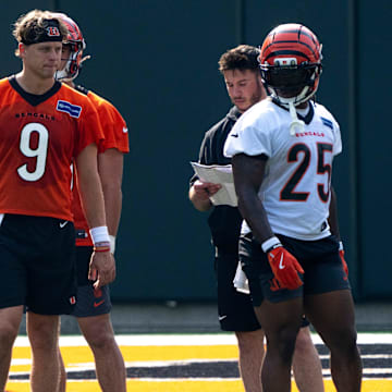 Cincinnati Bengals quarterback Joe Burrow (9) looks on at Bengals Mini Camp inside Paycor Stadium in Cincinnati on Thursday, June 12, 2025.