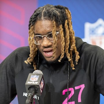 Feb 27, 2025; Indianapolis, IN, USA; East Carolina defensive back Shavon Revel (DB27) during the 2025 NFL Combine at Lucas Oil Stadium. Mandatory Credit: Tanner Pearson-Imagn Images