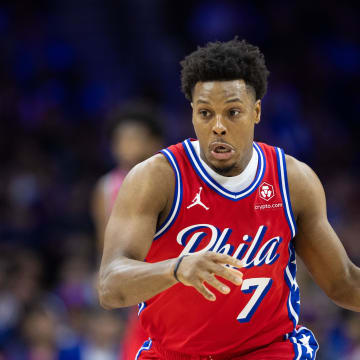 Apr 28, 2024; Philadelphia, Pennsylvania, USA; Philadelphia 76ers guard Kyle Lowry (7) dribbles the ball against the New York Knicks during the first half of game four of the first round in the 2024 NBA playoffs at Wells Fargo Center. Mandatory Credit: Bill Streicher-USA TODAY Sports