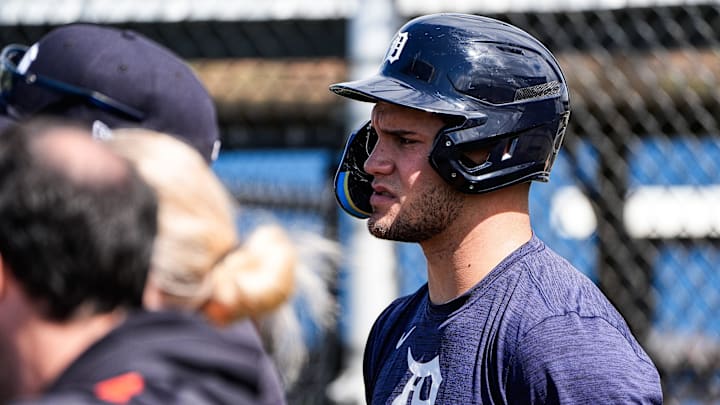 Detroit Tigers prospect Josue Briceño watches batting practice during spring training at TigerTown in Lakeland on Friday, Feb. 20, 2025.