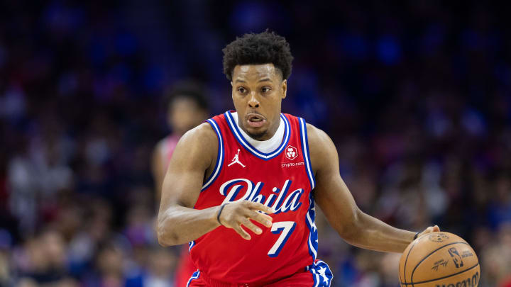 Apr 28, 2024; Philadelphia, Pennsylvania, USA; Philadelphia 76ers guard Kyle Lowry (7) dribbles the ball against the New York Knicks during the first half of game four of the first round in the 2024 NBA playoffs at Wells Fargo Center. Mandatory Credit: Bill Streicher-USA TODAY Sports