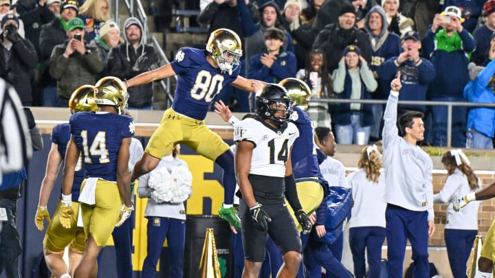 Nov 18, 2023; South Bend, Indiana, USA; Notre Dame Fighting Irish wide receiver Jordan Faison (80) celebrates after catching a pass for a touchdown in the fourth quarter against the Wake Forest Demon Deacons at Notre Dame Stadium. Mandatory Credit: Matt Cashore-USA TODAY Sports