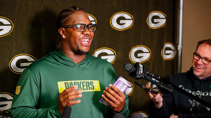 Green Bay Packers rookie defensive tackle Warren Brinson talks to reporters during rookie minicamp on May 2. Green Bay Packers rookie defensive tackle Warren Brinson talks to reporters during rookie minicamp on May 2.