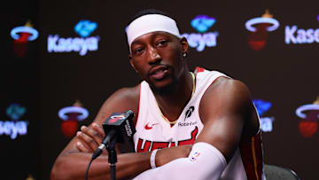 Sep 30, 2024; Miami, FL, USA; Miami Heat center Bam Adebayo (13) talks to reporters during media day at Kaseya Center Mandatory Credit: Sam Navarro-Imagn Images