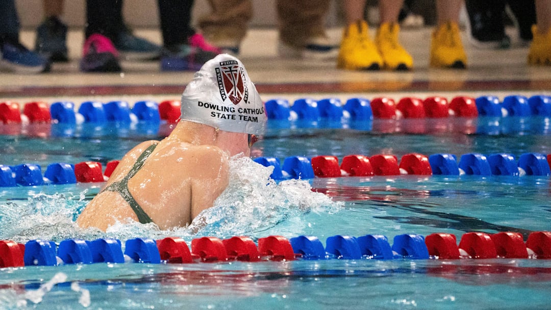 Dowling Catholic's Kimber Corwin swims the 200-yard individual medley during the Iowa high school girls state swim meet at Marshalltown YMCA on Saturday, Nov. 16, 2024, in Marshalltown.