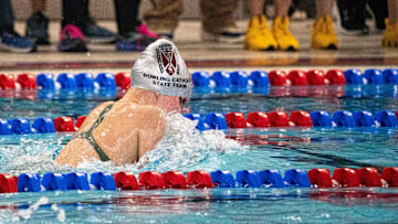 Dowling Catholic's Kimber Corwin swims the 200-yard individual medley during the Iowa high school girls state swim meet at Marshalltown YMCA on Saturday, Nov. 16, 2024, in Marshalltown.
